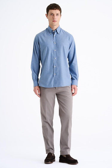  Erkek İndigo Cooper Fit Düğmeli Yaka Flannel Spor Gömlek