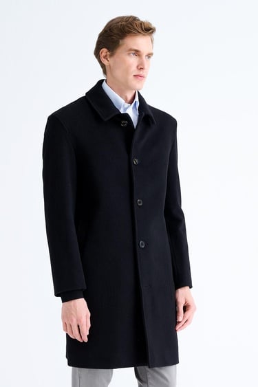  Erkek Siyah Yün Klasik Palto