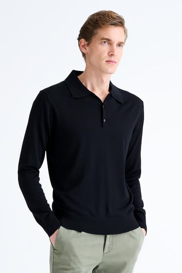  Erkek Siyah Polo Yaka Yün Kazak