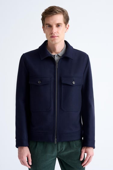  Erkek Lacivert Yün Cep Detaylı Mont