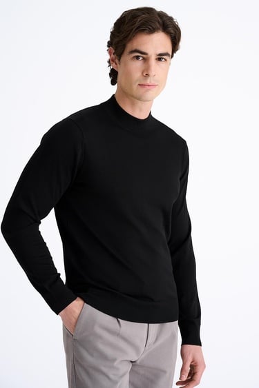  Erkek Siyah Yün Yarım Balıkçı Yaka Kazak