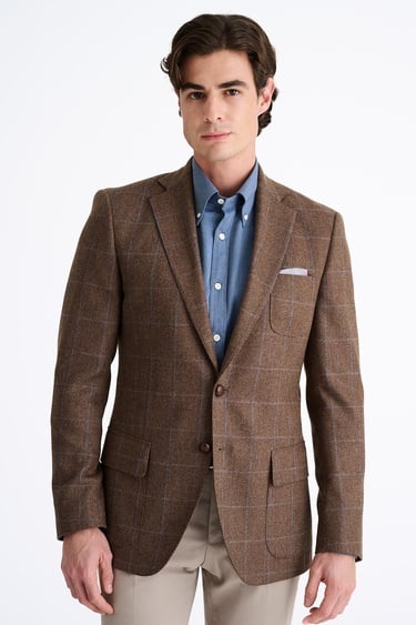  Erkek Kahverengi Yün Kaşmir Karışımlı Delfino Spor Ceket