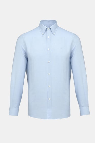  Erkek Mavi Cooper Fit Düğmeli Yaka Kaşmir Karışımlı Flannel Spor Gömlek