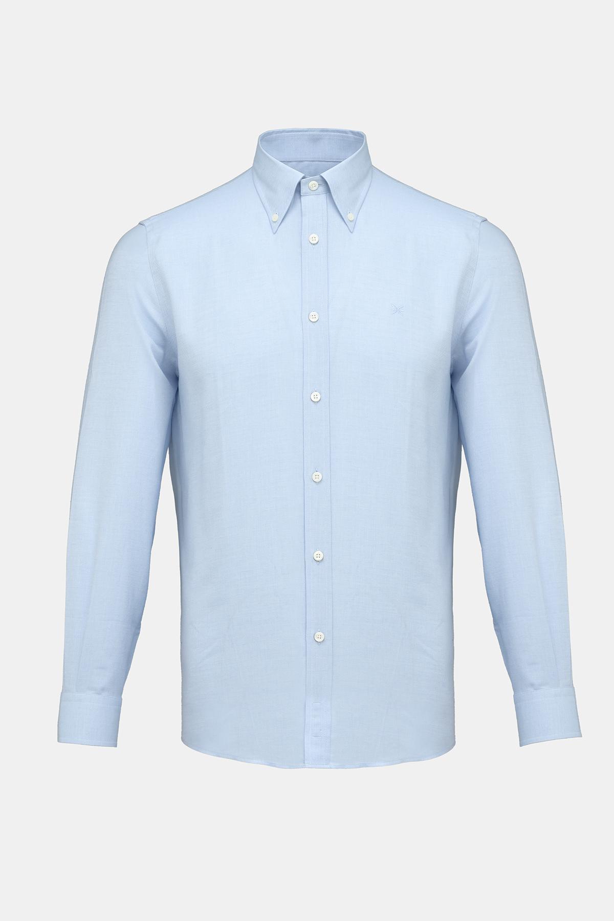  Erkek Mavi Cooper Fit Düğmeli Yaka Kaşmir Karışımlı Flannel Spor Gömlek