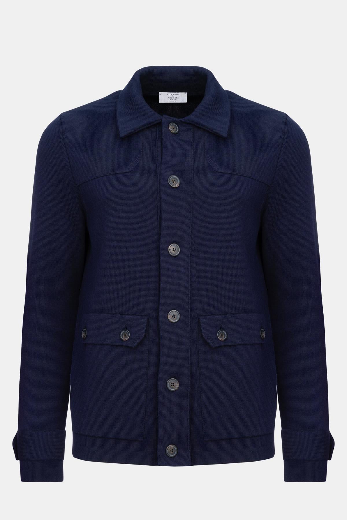  Erkek Lacivert Düğmeli Cep Detaylı Yün Hırka