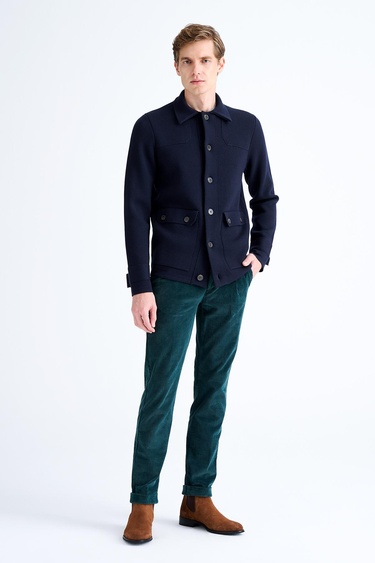  Erkek Lacivert Düğmeli Cep Detaylı Yün Hırka