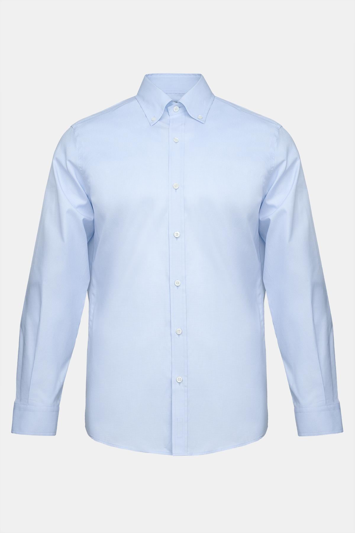  Erkek Mavi Cooper Fit Düğmeli Yaka Klasik Gömlek
