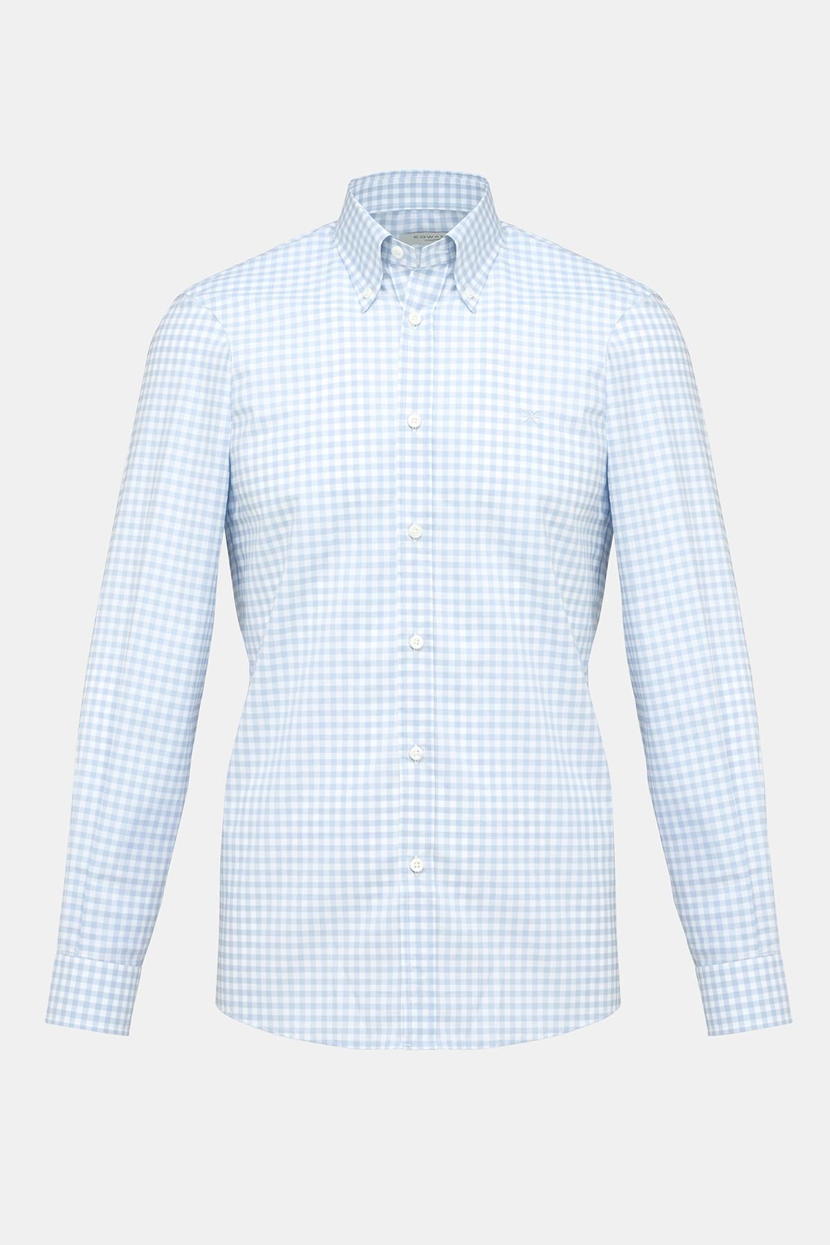  Erkek Mavi Cooper Fit Düğmeli Yaka Ekoseli Spor Gömlek