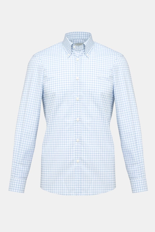  Erkek Mavi Cooper Fit Düğmeli Yaka Ekoseli Spor Gömlek