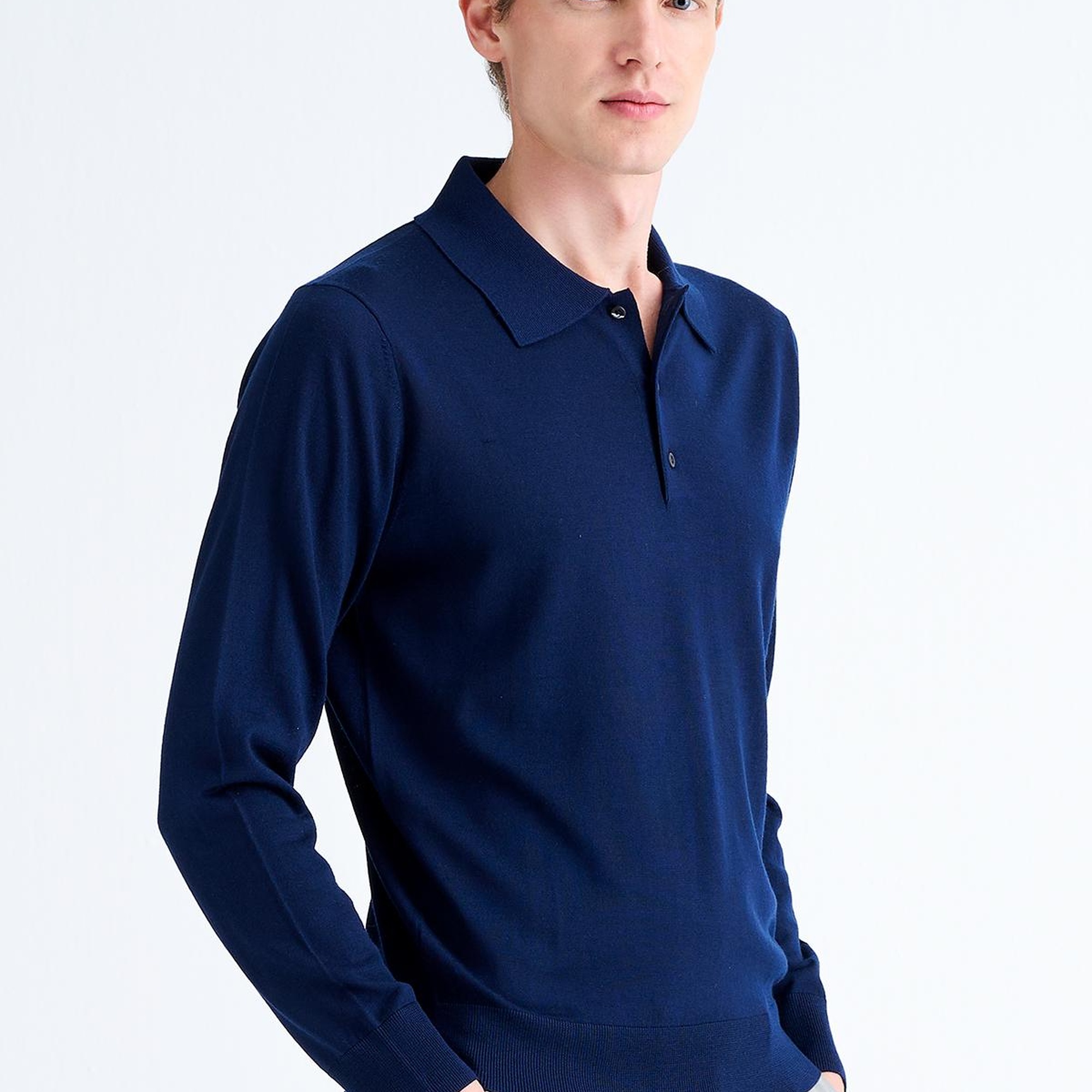 Erkek Lacivert Yün Polo Yaka Kazak