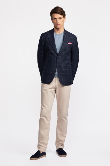  Erkek Lacivert Yün Keten Karışımlı Casual Ceket