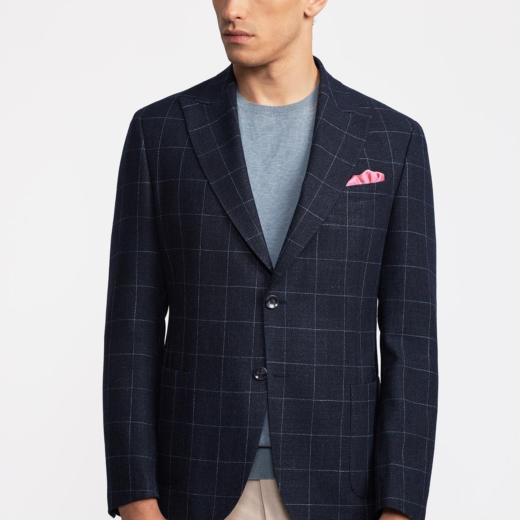 Erkek Lacivert Yün Keten Karışımlı Casual Ceket