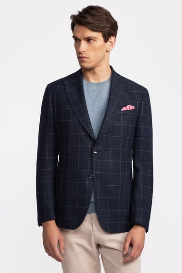  Erkek Lacivert Yün Keten Karışımlı Casual Ceket
