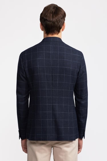  Erkek Lacivert Yün Keten Karışımlı Casual Ceket