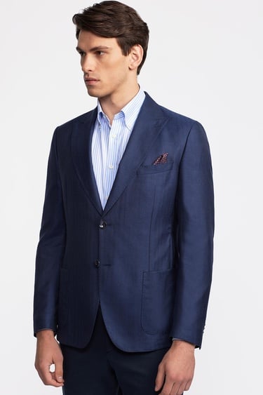  Erkek Lacivert Loro Piana Kumaşıyla Üretilmiş Yün İpek Karışımlı Casual Ceket