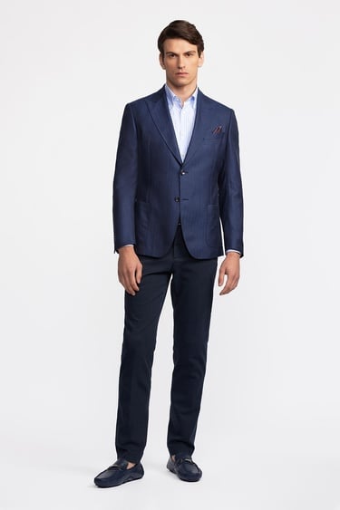  Erkek Lacivert Loro Piana Kumaşıyla Üretilmiş Yün İpek Karışımlı Casual Ceket