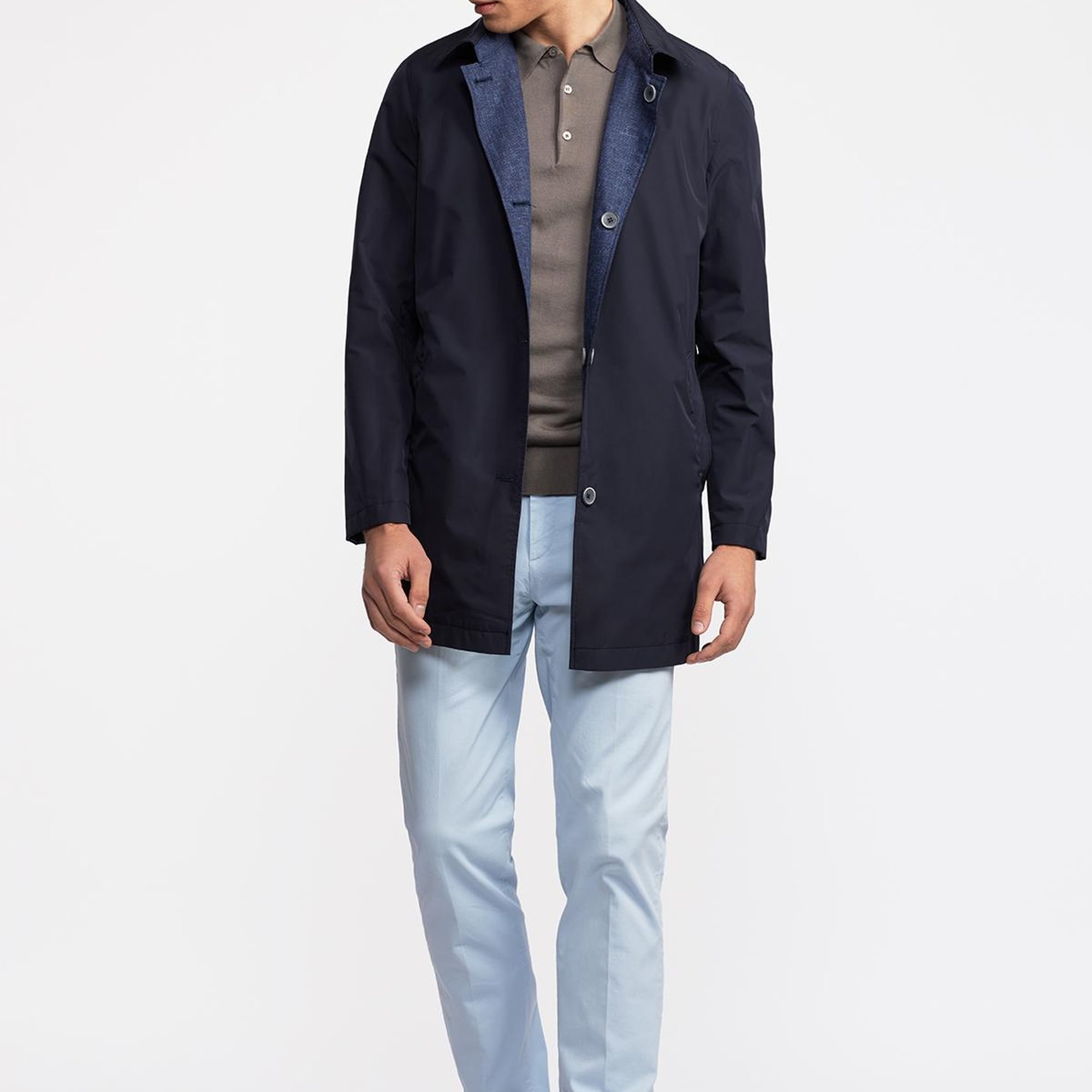 Erkek Lacivert Keten Karışımlı Hafif Trençkot