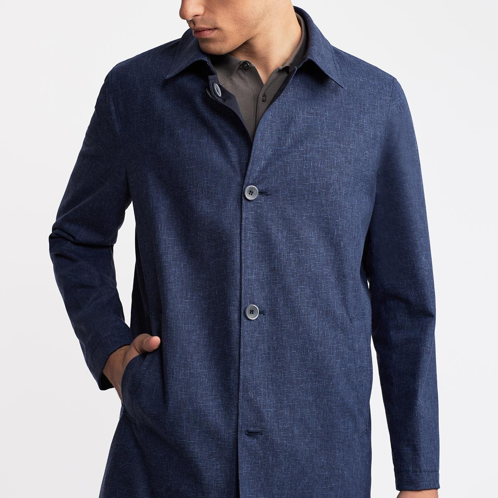 Erkek Lacivert Keten Karışımlı Hafif Trençkot