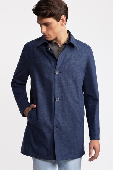  Erkek Lacivert Keten Karışımlı Hafif Trençkot