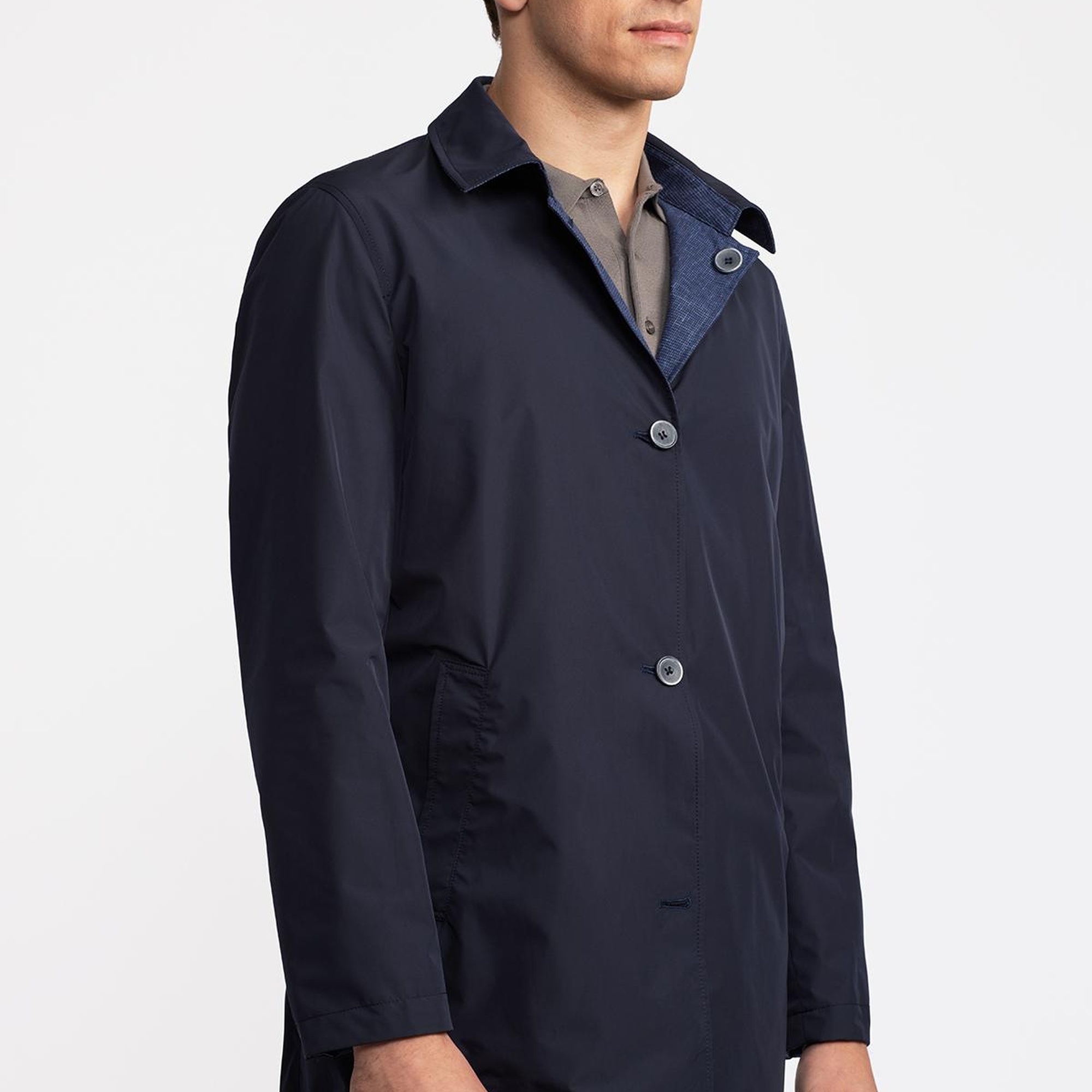 Erkek Lacivert Keten Karışımlı Hafif Trençkot