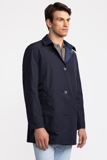  Erkek Lacivert Keten Karışımlı Hafif Trençkot
