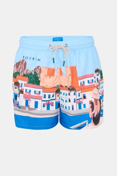  Erkek Mavi Bodrum Desenli Mayo Şort