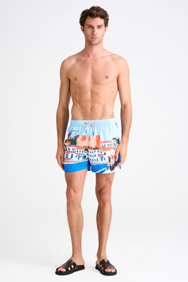  Erkek Mavi Bodrum Desenli Mayo Şort