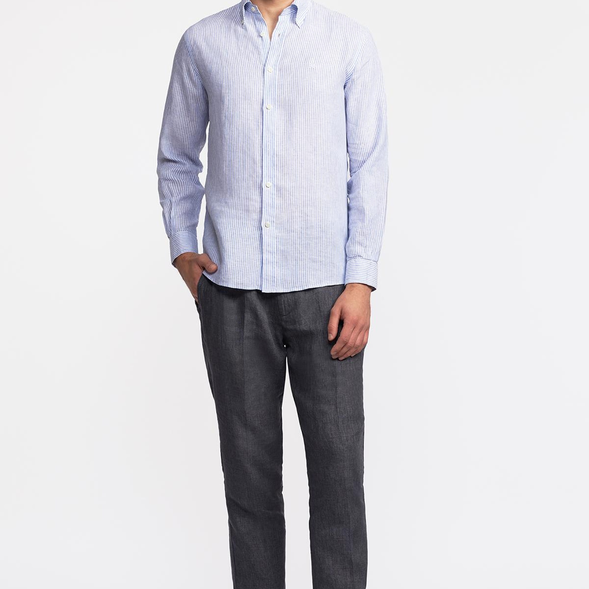 Erkek Mavi Düğmeli Yaka Cooper Fit İrlanda Keten Gömlek