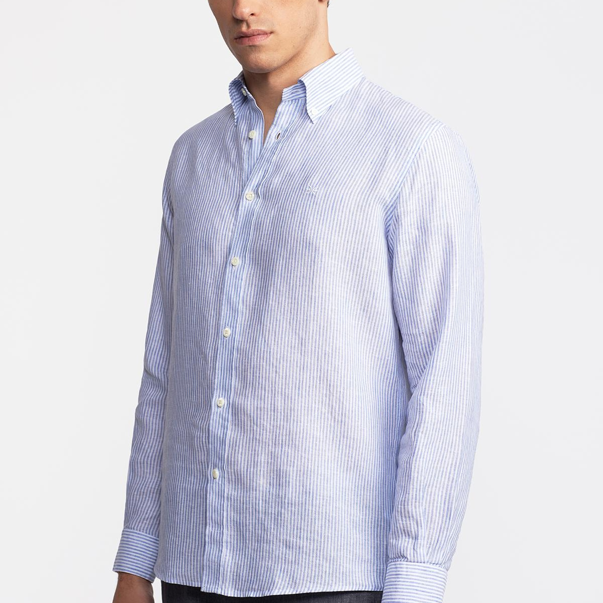 Erkek Mavi Düğmeli Yaka Cooper Fit İrlanda Keten Gömlek