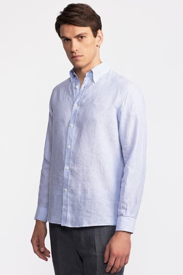  Erkek Mavi Düğmeli Yaka Cooper Fit İrlanda Keten Gömlek