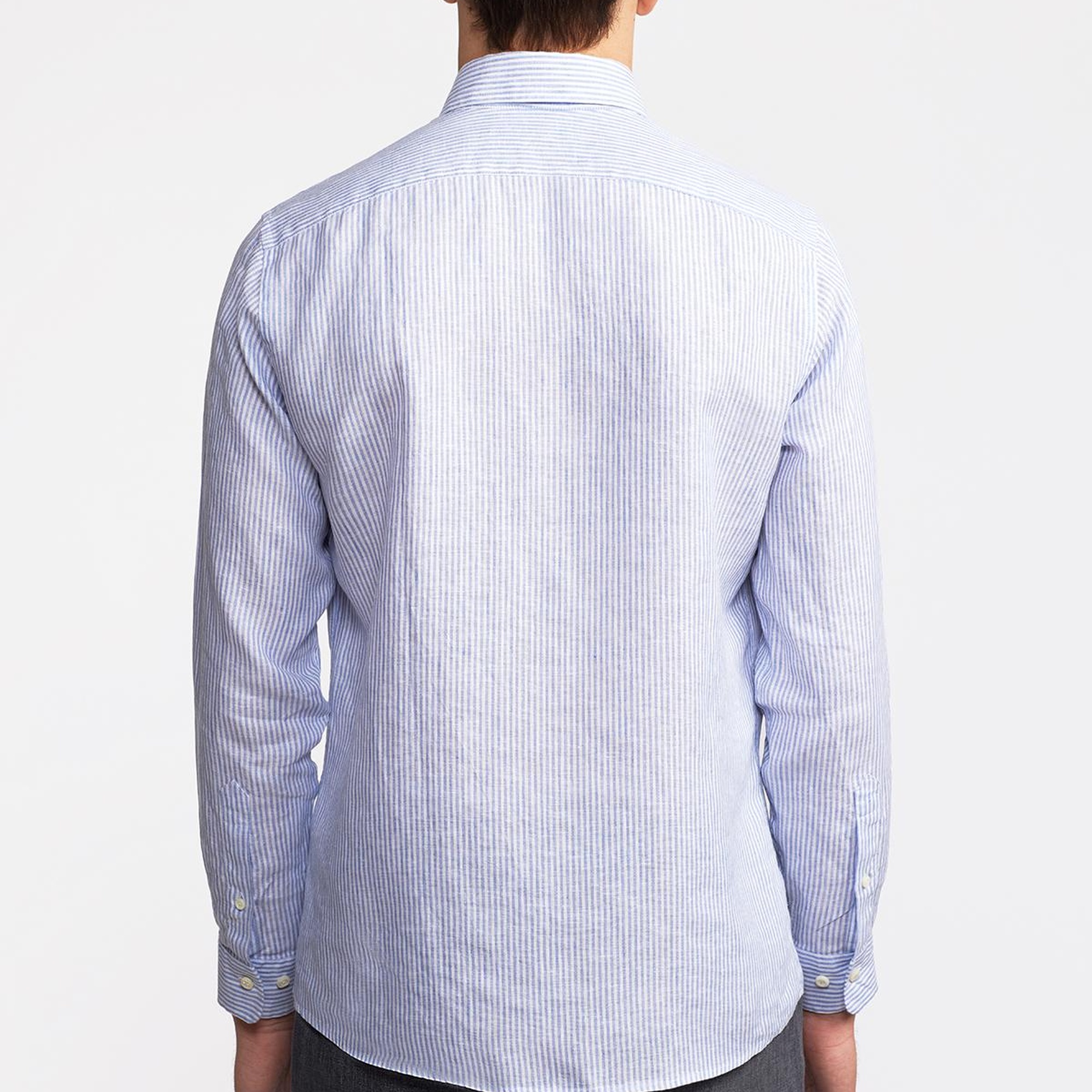 Erkek Mavi Düğmeli Yaka Cooper Fit İrlanda Keten Gömlek