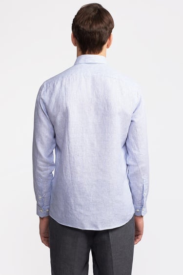  Erkek Mavi Düğmeli Yaka Cooper Fit İrlanda Keten Gömlek