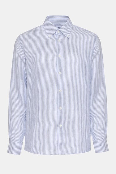  Erkek Mavi Düğmeli Yaka Cooper Fit İrlanda Keten Gömlek