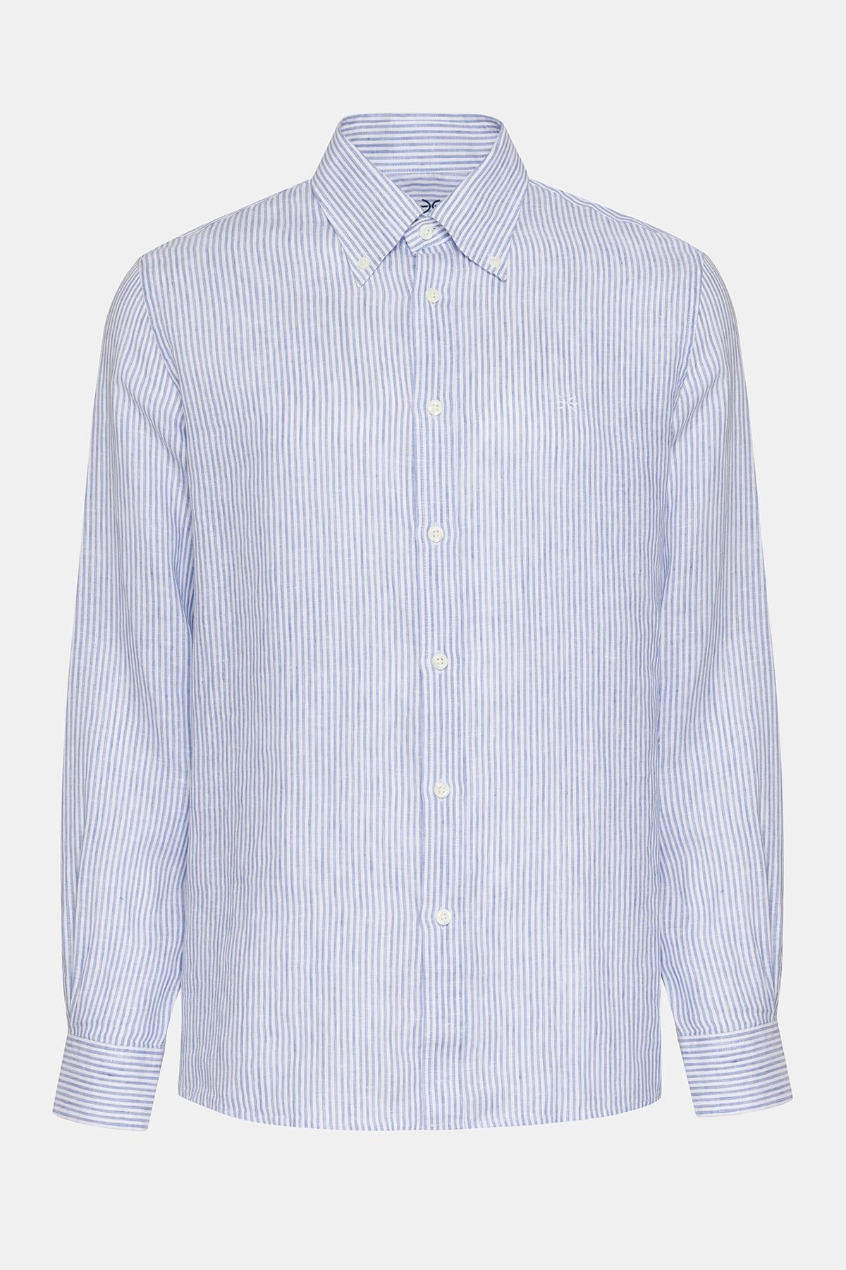  Erkek Mavi Düğmeli Yaka Cooper Fit İrlanda Keten Gömlek