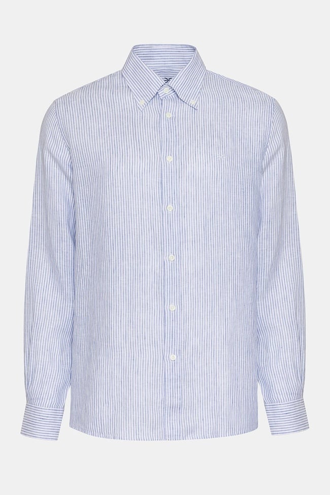  Erkek Mavi Düğmeli Yaka Cooper Fit İrlanda Keten Gömlek