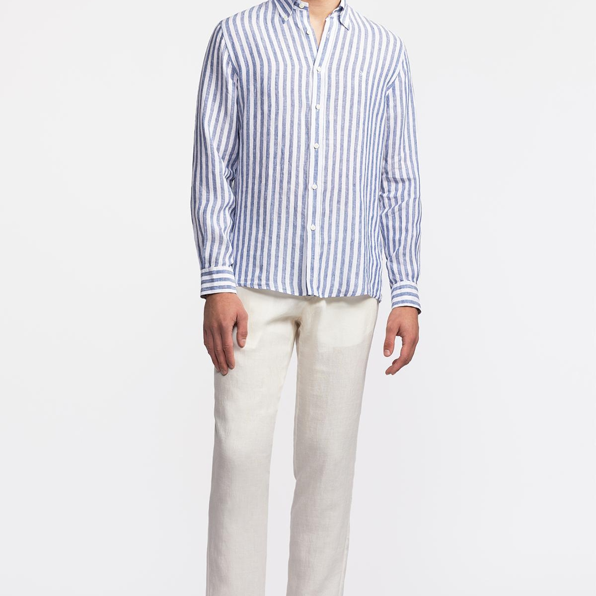 Erkek Lacivert Düğmeli Yaka Cooper Fit İrlanda Keten Gömlek