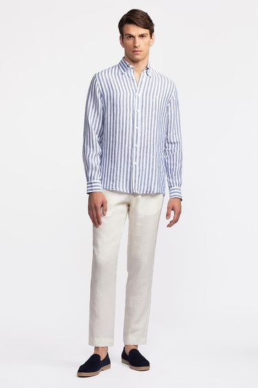  Erkek Lacivert Düğmeli Yaka Cooper Fit İrlanda Keten Gömlek