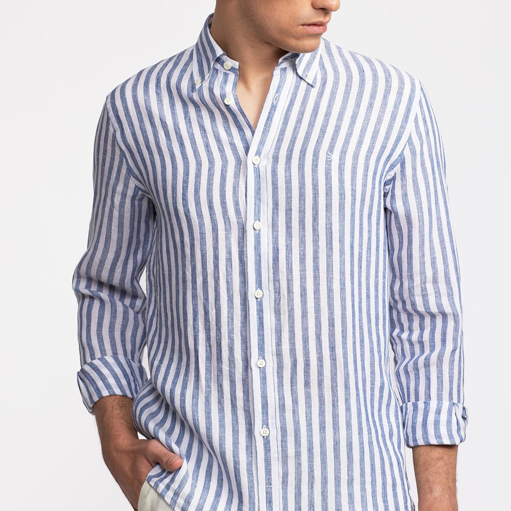 Erkek Lacivert Düğmeli Yaka Cooper Fit İrlanda Keten Gömlek