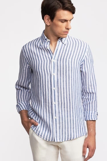  Erkek Lacivert Düğmeli Yaka Cooper Fit İrlanda Keten Gömlek