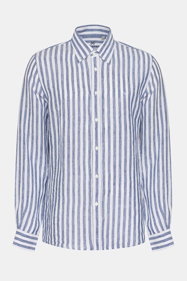  Erkek Lacivert Düğmeli Yaka Cooper Fit İrlanda Keten Gömlek