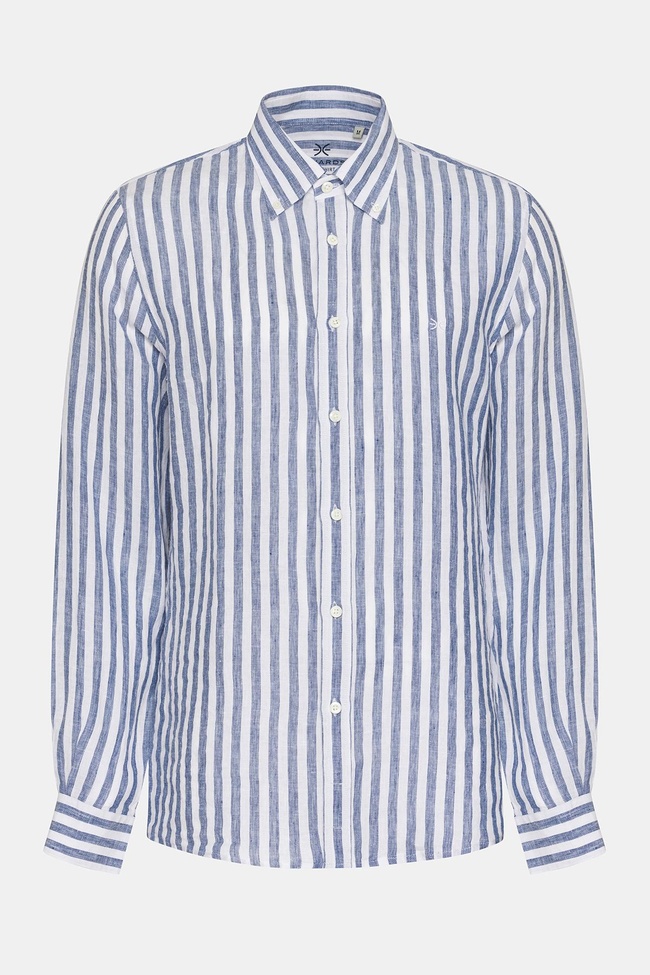  Erkek Lacivert Düğmeli Yaka Cooper Fit İrlanda Keten Gömlek