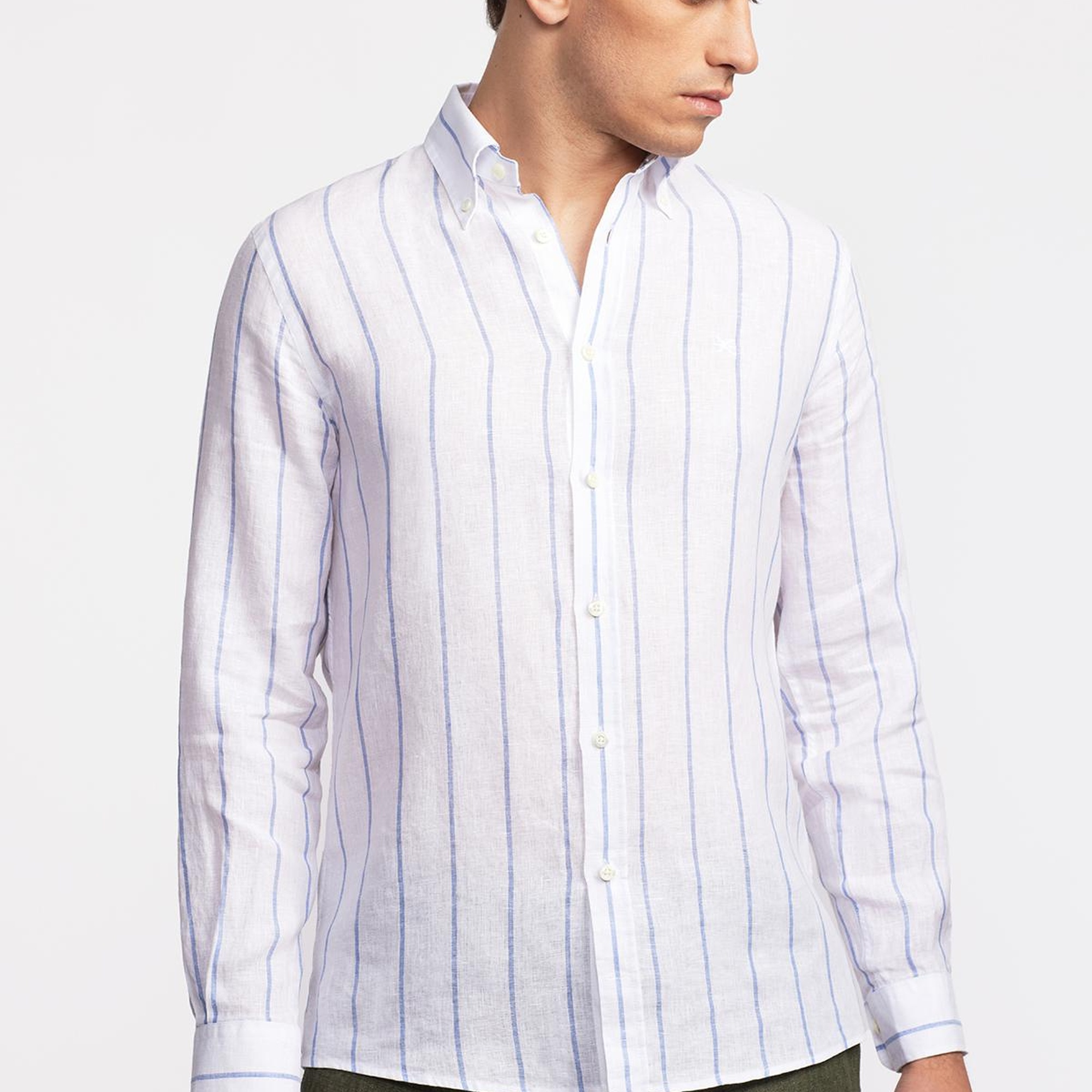 Erkek Beyaz Düğmeli Yaka Cooper Fit İrlanda Keten Gömlek