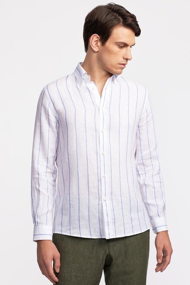  Erkek Beyaz Düğmeli Yaka Cooper Fit İrlanda Keten Gömlek