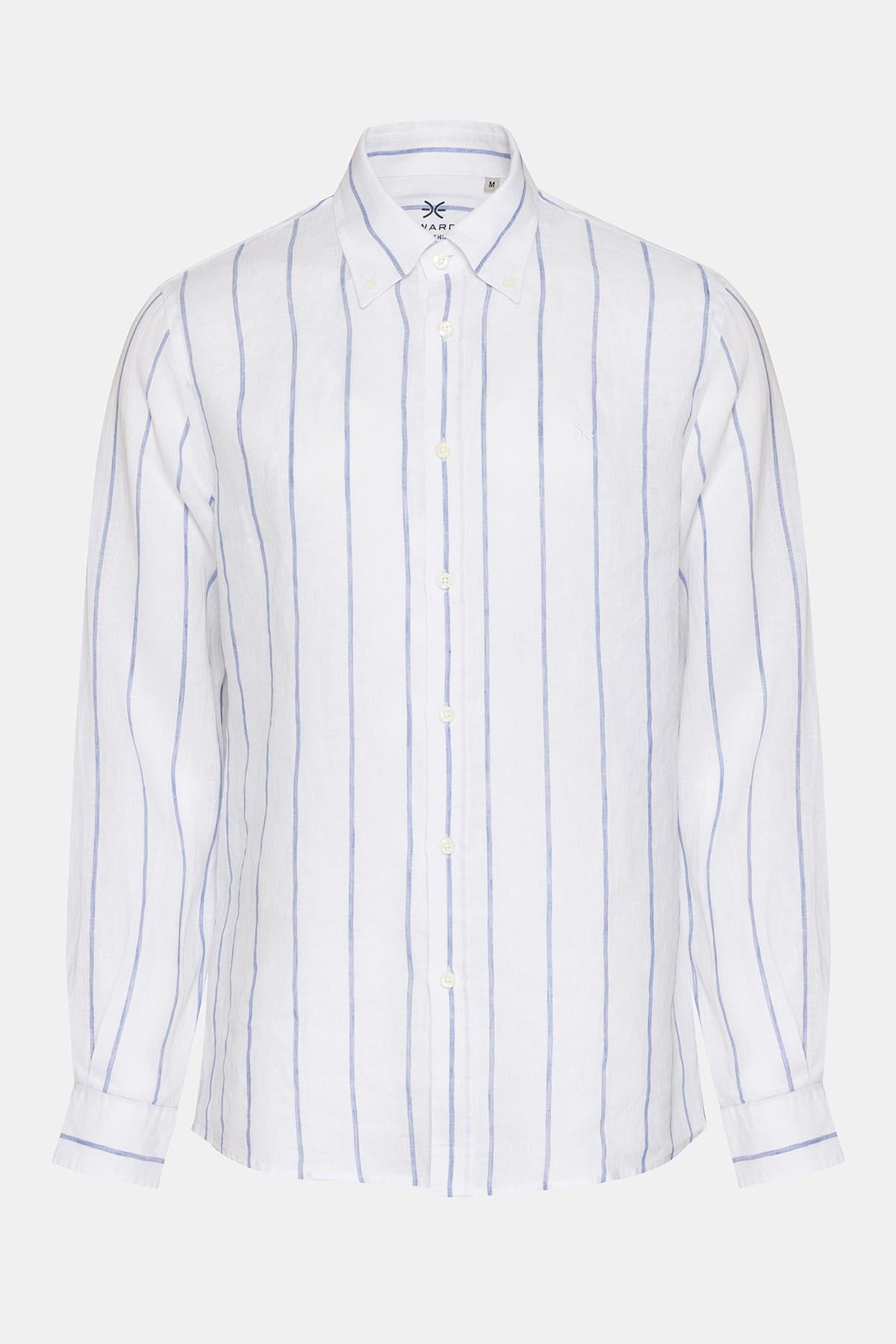  Erkek Beyaz Düğmeli Yaka Cooper Fit İrlanda Keten Gömlek