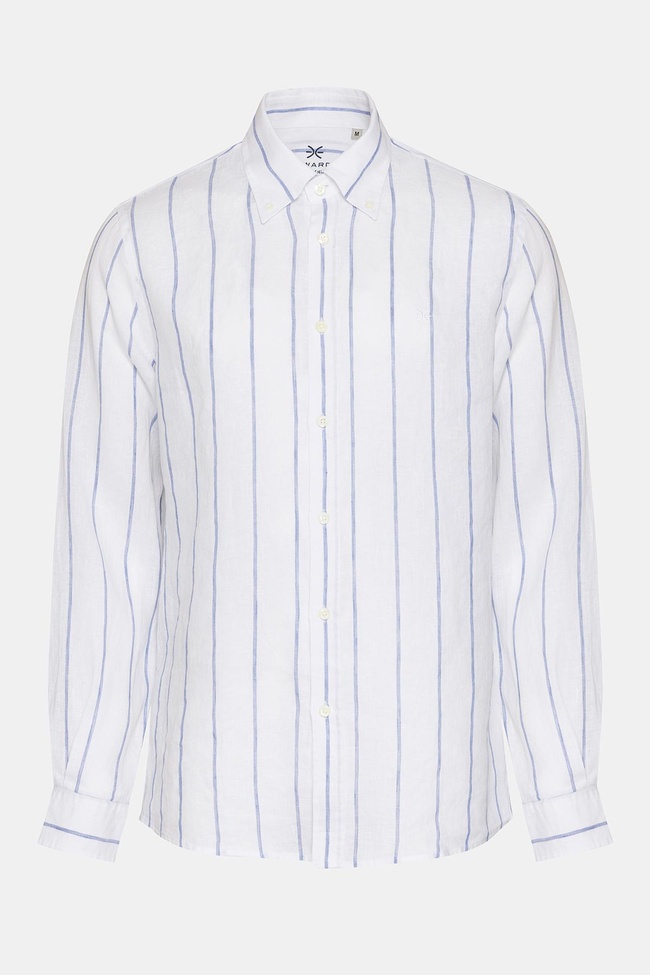  Erkek Beyaz Düğmeli Yaka Cooper Fit İrlanda Keten Gömlek