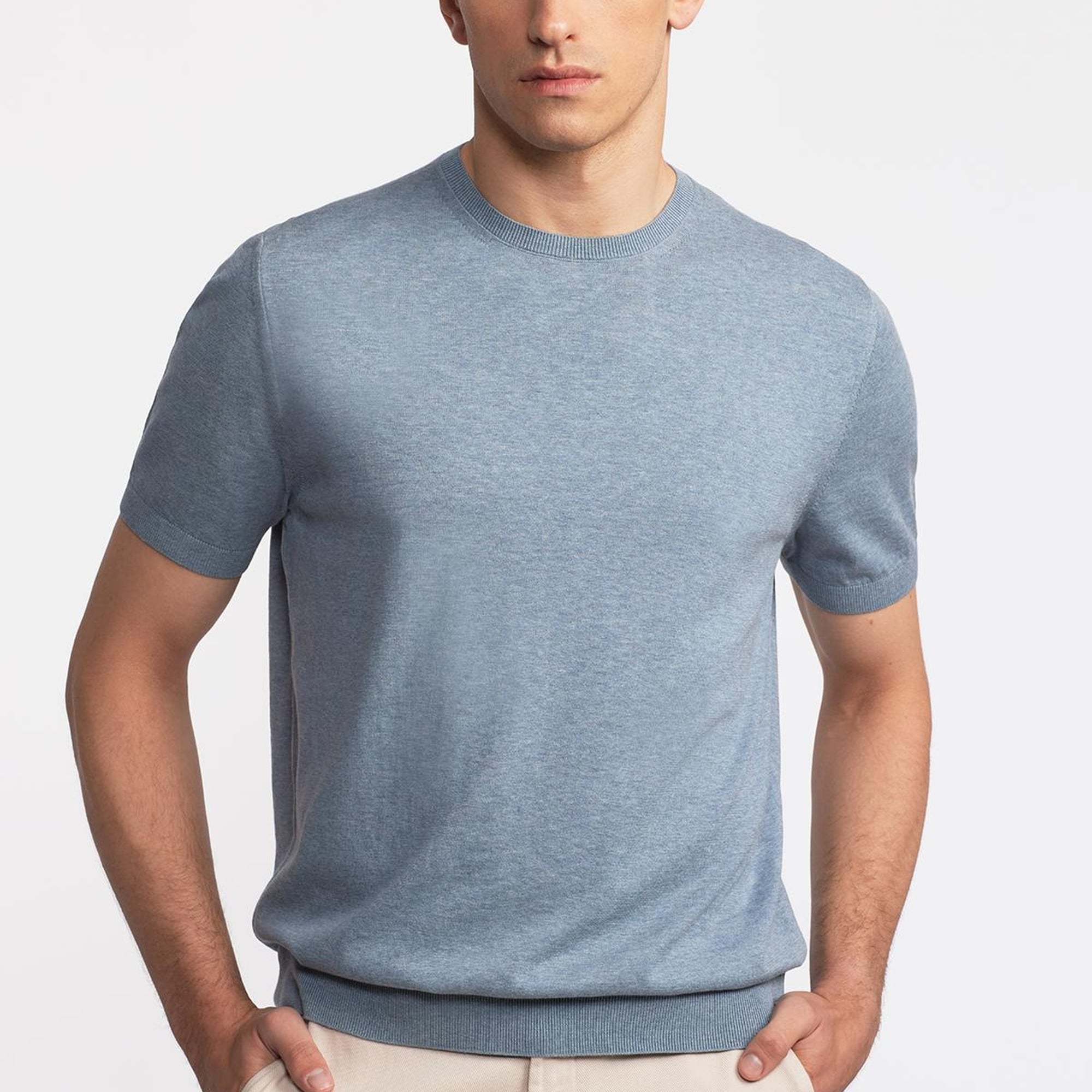 Erkek Mavi Kısa Kollu Bisiklet Yaka Kazak