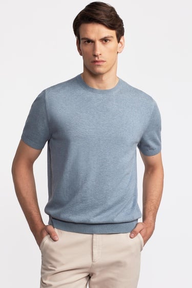  Erkek Mavi Kısa Kollu Bisiklet Yaka Kazak