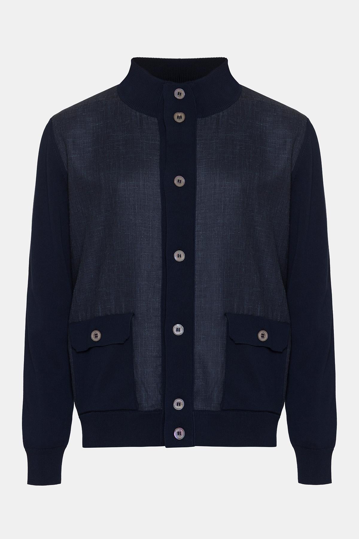  Erkek Lacivert Düğmeli Cep Detaylı Hırka