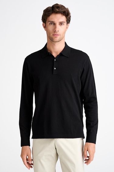  Erkek Siyah Pamuk İpek Karışımlı Polo Yaka Kazak
