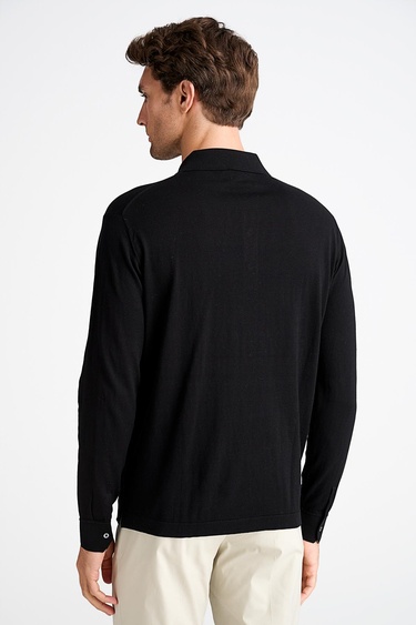  Erkek Siyah Pamuk İpek Karışımlı Polo Yaka Kazak